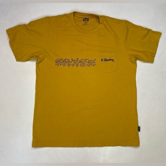 Uniqlo Keith Haring Art Graphic Pocket T-shirt Men Medium Yellow Short Sleeve - Picture 1 of 7